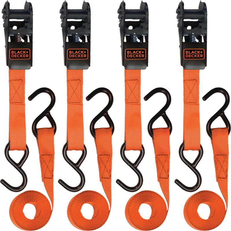 BLACK+DECKER BD1005 Black/Orange 1"" x 10' Ratchet Tie Down Straps - 300 lb Safe Working Load / 900 lb Break Strength  4 Pack - Image 1